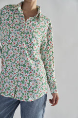 Green Daisy Collared Long Sleeve Tops