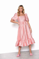 Light Coral Textured Square Neck Puff Sleeve Empire line Midaxi Dress with Tiered Oversized Skirt