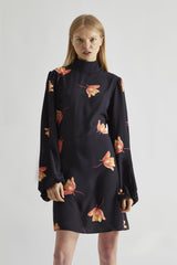 Black-Orange Flowers High-Neck Mini-Dress