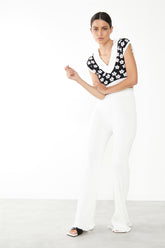 Black-White Retro-Flower V-Neck Sleeveless Crop-Top