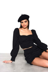 Black Ruched Top with Full Length Puff Sleeves