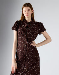 Brown-Cream Spot Tie Neck Midi Dress