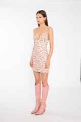Pink Multi-Floral Lace Ruched-Bus Corset Mini-Dress