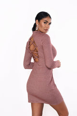 Burgundy-Tan-Geo Round-Neck-Long-Sleeve Mini-Dress