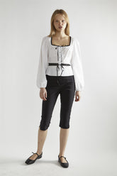 White-Black Square-Neck Long-Sleeve Top