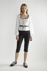 White-Black Square-Neck Long-Sleeve Top