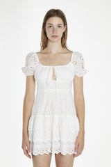 Tie Front Mini Dress - White Broderie