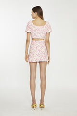 Pink Yellow Bunch Floral Short-Sleeve Tie-Detail Crop-Top