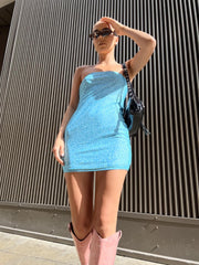 Blue Flower Mesh Bandeau Mini-Dress