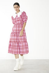 Pink-Red Grid-Check Tiered Collared Midi-Dress