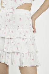White Pink Floral Tiered Mini-Skirt