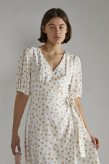 White Pink Ditsy V-neck Wrap Midi-Dress