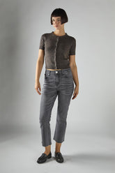 Dark-Brown-Marl Short-Sleeve Button-Front Crop Cardigan