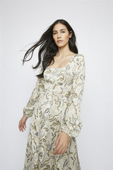 Stone-Sun-Moon Long-Puff-Sleeve-Button-Front Maxi-Dress