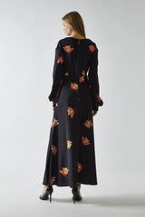 Black-Orange Flower V-neck Midi-Dress