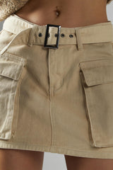 Ecru-Mud-Wash Denim-Combat Mini-Skirt