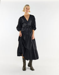 Elegant Black Tiers Wrap Over Maxi Dress