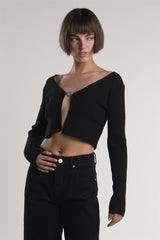 Black Open-Front-Ribbed Crop-Top