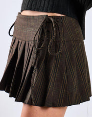 Dark Brown Check Pleated Tie Mini Skirt