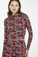 Black-60S-Flower Turtle-Neck Long Sleeve-Top