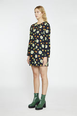 Black-Green-Flower Long-Sleeve Mini-dress