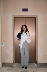 Grey Pinstripe Wide-Leg Straight-Trousers