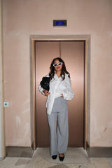 Grey Pinstripe Wide-Leg Straight-Trousers