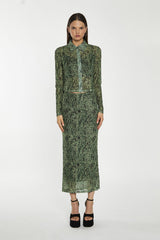 Green-Black Animal Mesh Pencil Midi-Skirt