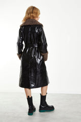 Black Ash-Brown Faux-Fur Trim Belted-Coat