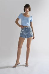 Light-Blue Square-Neck-Crop Tops