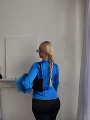 Blue Aster Satin Wrap Blouse with Feather Trim