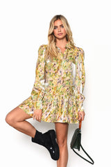 Smudgy Floral Tiered Puff Sleeve Shirt Dress