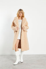 Dark Cream Midi Lapel Collar Curly Fur Coat