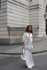 Beige-Grey-Watercolour Short-Sleeves-Tie-Front- Blouse