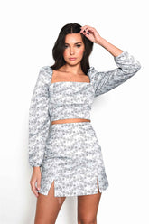 Mint Floral Mini Skirt with Front Splits