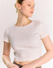 Off White Rib Open Tie Back Crop Top