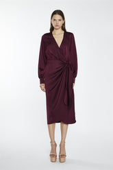 Deep Burgundy Sateen Long-Sleeve Wrap Midi-Dress
