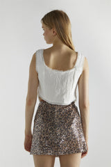 White Textured Shirred Tie-Front Crop-Top