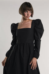 Black Puff-Long-Statement-Sleeve Maxi-Dress