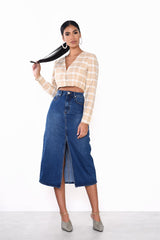 Dark Blue Stonewash Split High Waisted Midi Skirt