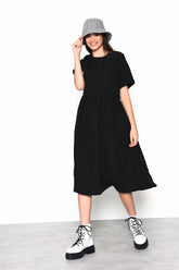 Black Jacquard Crew Neck Short Sleeve Midi Dress