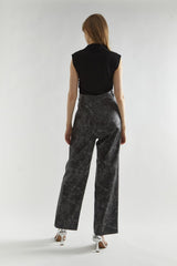 Black Marble PU Wide-Leg High-Waist-Trousers