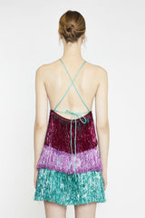 Pink Teal Purple Tinsel Fringe Halterneck Mini-Dress