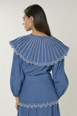 Navy Multi Check Embroidered Collar Long Sleeve Blouse