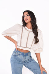 Ecru Puff Sleeve Blouse with Crochet Trim