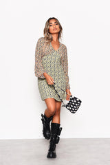 Multi Orange Yellow Ditsy V-Neck Balloon-Sleeve Mini Dress