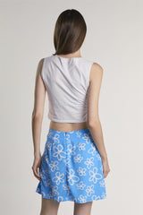 Blue-Scribble-Daisy Side-Slit Mini-Skirt