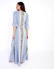 Blue-Rust Border Button-Front Maxi-Dress