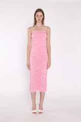 Sugar-Pink Strapless Ruched Midi-Dress