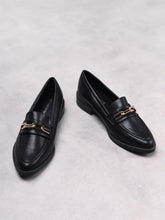 Black PU Gold Chain Detail Loafers
